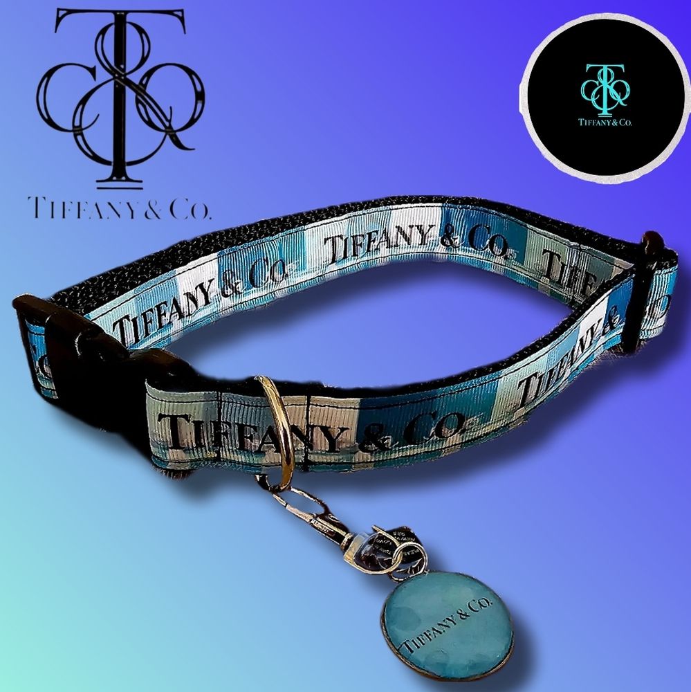 🆕️SzL Tiffany & Co. Blue Plaid Dog Collar Neck Size 16" - 22"